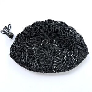Vintage Clamshell / Sea Shell / Fan Shaped Black Beaded Evening Clutch
